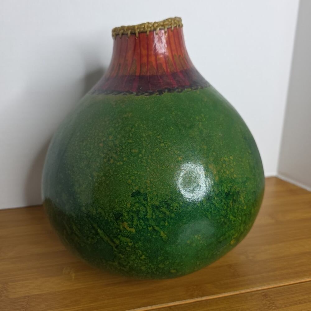 Green & Brown Gourd Vase with Drip Effect and Rounded Silhouette Signed Celia 95